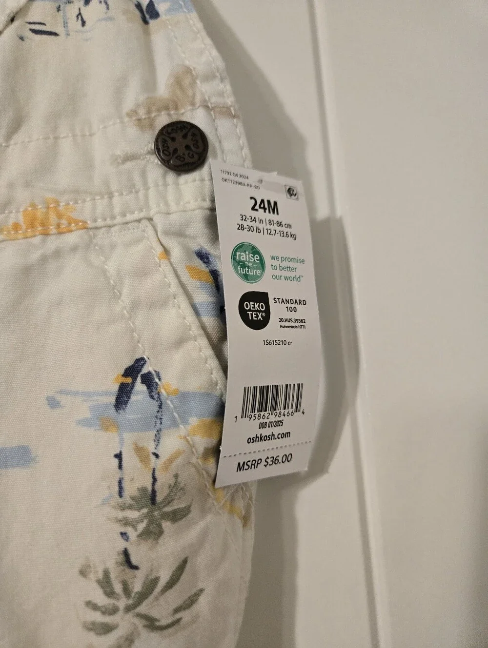 OshKosh B'gosh Cream Tropical Print Short Overalls with Blue and Yellow Accents